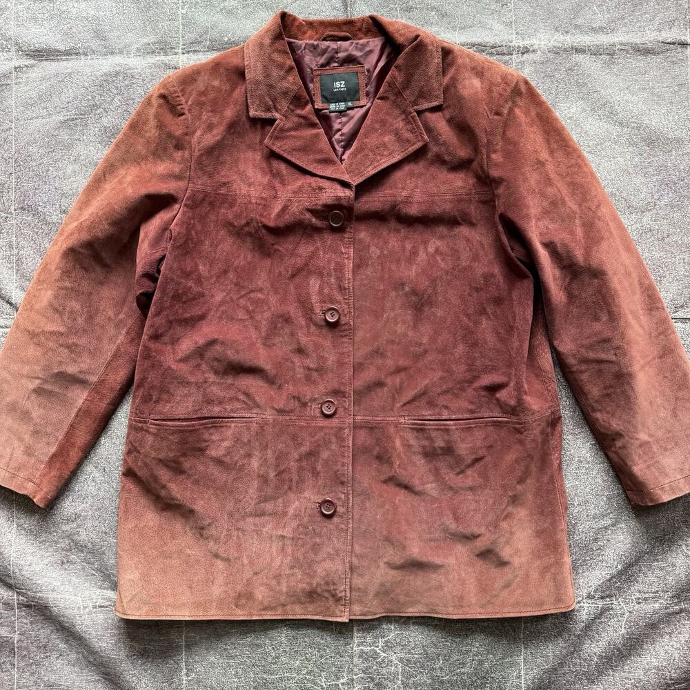Women's Vintage Y2K ISZ Maroon Red Lined Suede Leather Button Up Jacket Sz XL
